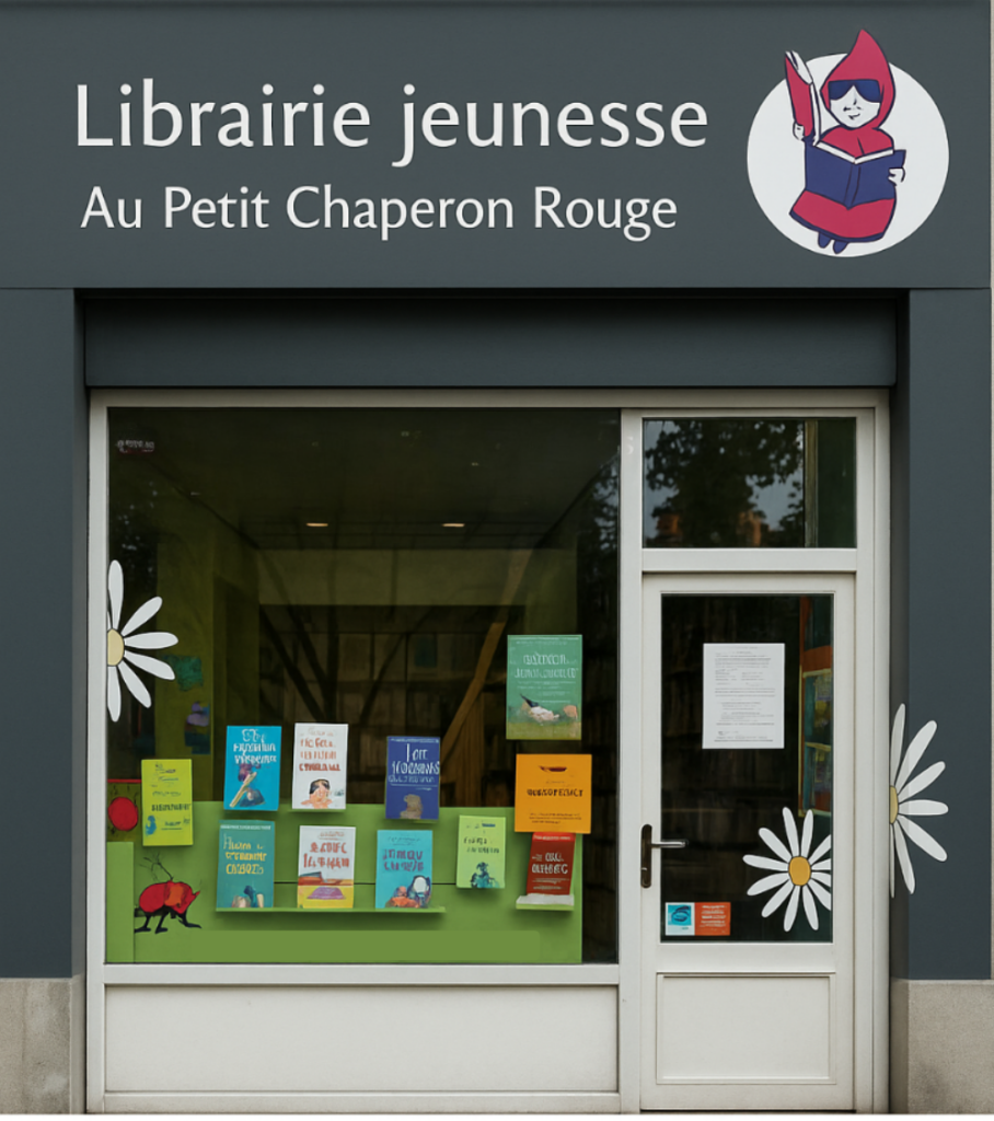 photo de la façade de la librairie jeunesse Au Petit Chaperon Rouge à Bordeaux. Au premier plan, il y a une sélection de livres jeunesse pour adolescents recommandée par une librairie à Bordeaux. A l'arrière plan, l'intérieur d'une librairie jeunesse à Bordeaux accueillant des collégiens.